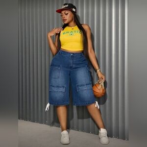 SHEIN SXY Plus Size Women's Festival Loose Drawstring Hem Denim Shorts 14